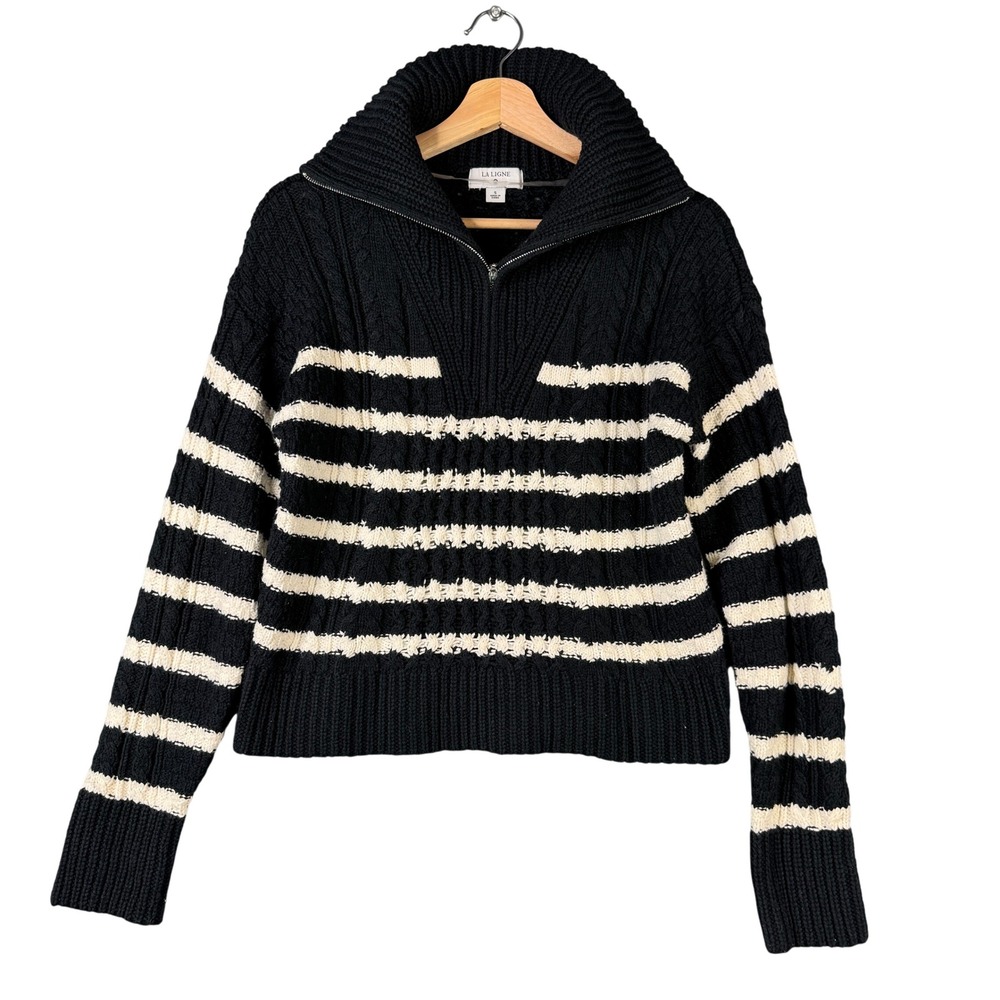 La Ligne x Target Marin Cable Knit Quarter Zip Striped Sweater Black White Small